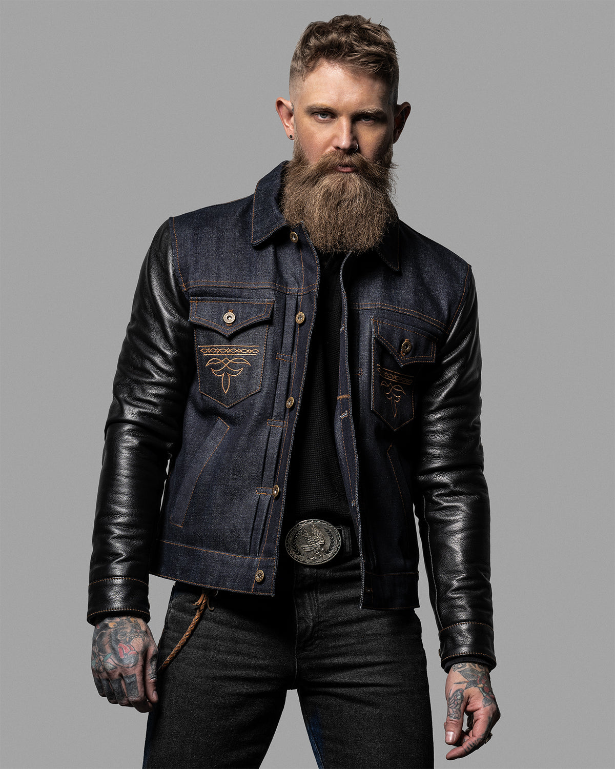 Harley-Davidson Men's Denim & Leather Sleeve Button Up Jacket
