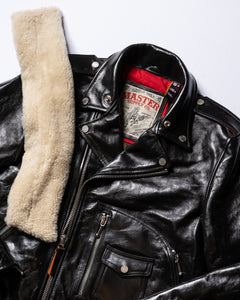 Master Supply Co. black shiny leather rider jacket with cream detachable sheepskin collar.