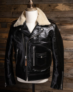 The Dawson black glossy leather motorcycle jacket with cream shearling collar displayed on a mannequin.