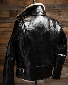 The back of the Dawson rider jacket, emphasizing the glossy texture of the leather and the high-contrast cream collar.