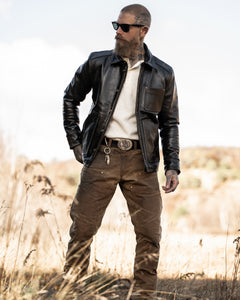 Men's Vanguard leather jacket styled for casual wear by Master Supply Co