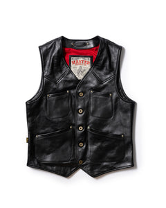 A black leather waistcoat with four rivet-reinforced patch pockets and a red interior lining. Master Supply co

