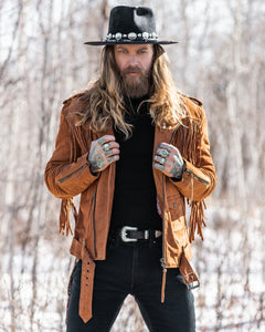Master Supply Co Ranger Leather Jacket Full Grain Cowhide 1.2mm thickness Designed in Toronto, Canada, the Outlaw collection by Master Supply Co rugged features full grain leather jackets and leather vests. This collection is inspired by the outlaw spirit and northern grit. The leather jackets blend a western style with a vintage rock and roll attitude.
