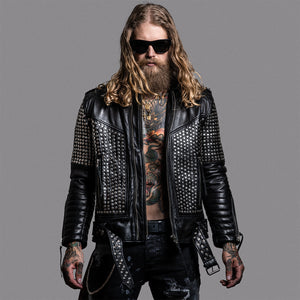 Spizoiky wearing our luxury buckshot leather jacket master supply co studded leather jacket for men toronto based brand best leather jackets in toronto, usa and canada based brand