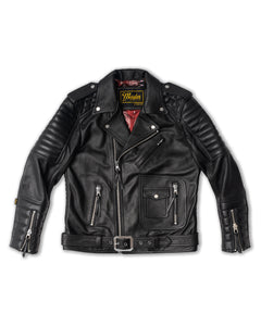 Black leather jacket on a white background, featuring red paisley lining, silver zippers, an adjustable half belt, and quilted detailing on the sleeves and shoulders.