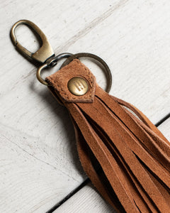 Western Metal Concho Button Faux Suede Leather Tassel Keychain